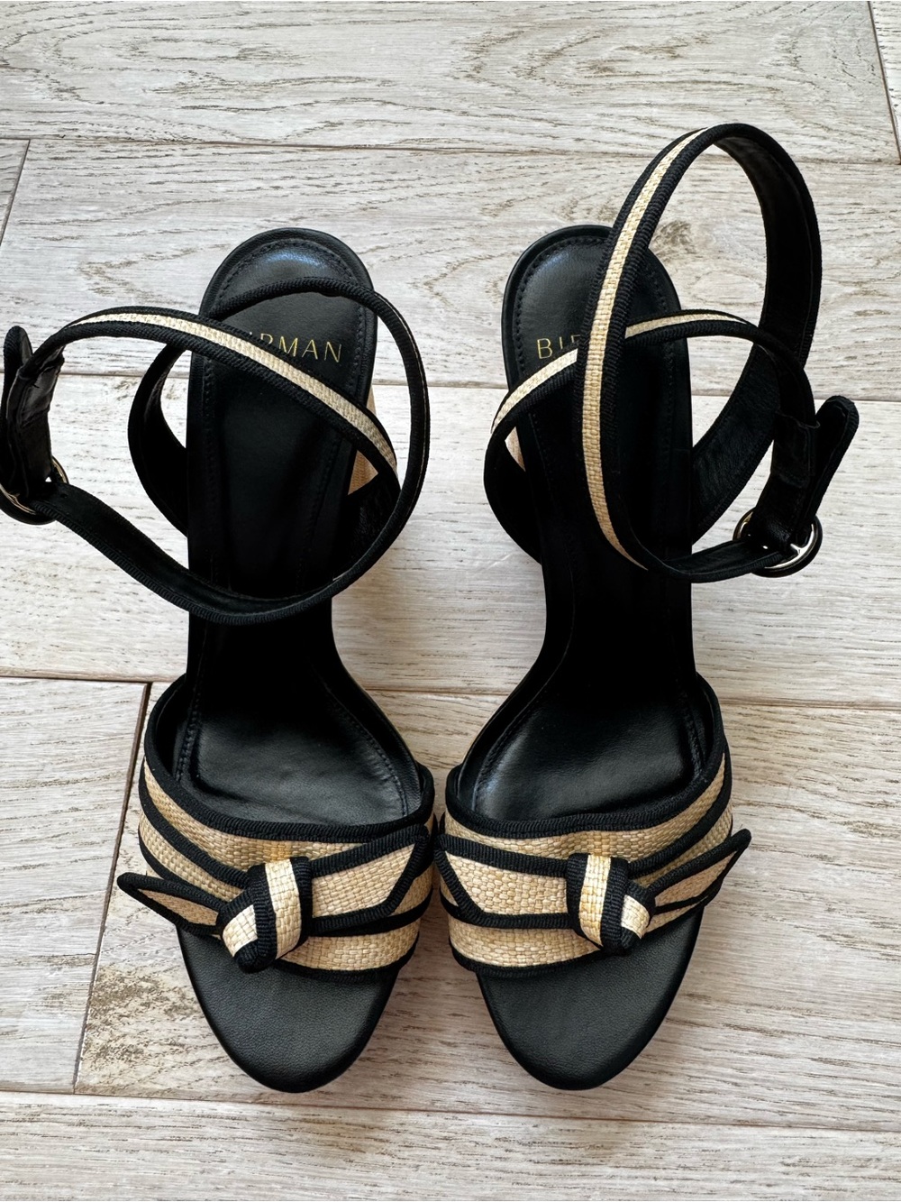 Alexandre Birman Black and Natural Woven Strappy Sandals worn once